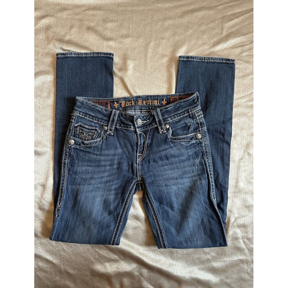 Rock Revival Womens Sz 27 Debbie Straight Blue Jeans Low Rise Medium Wash Bling - Picture 6 of 10
